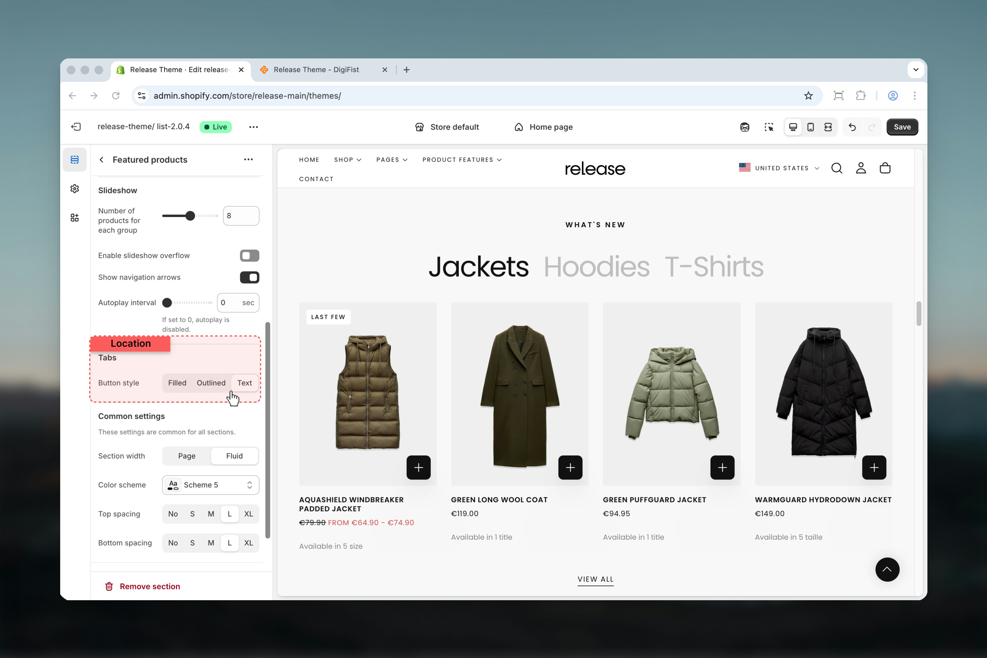Tab configuration settings