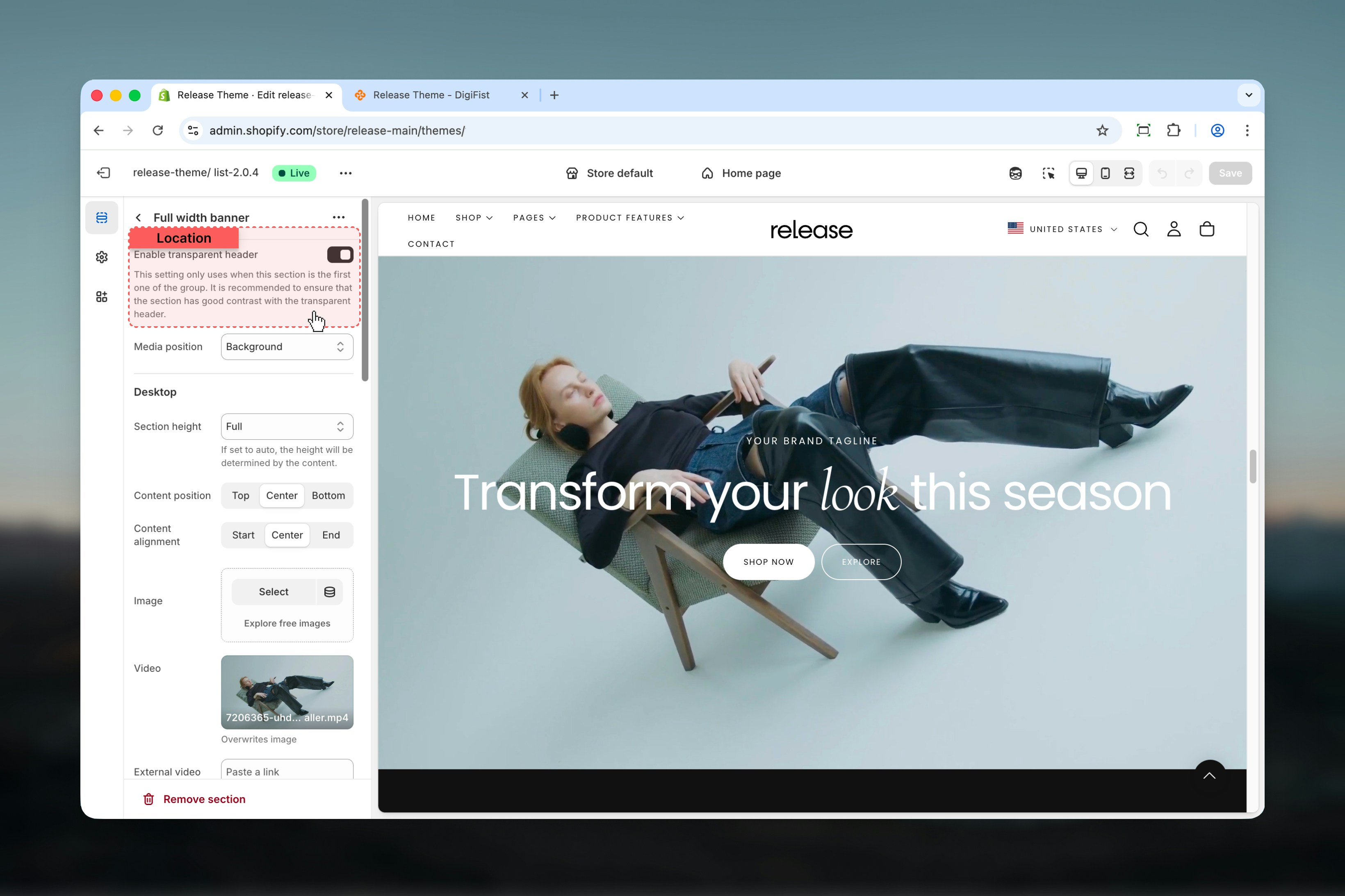 Enable transparent header setting