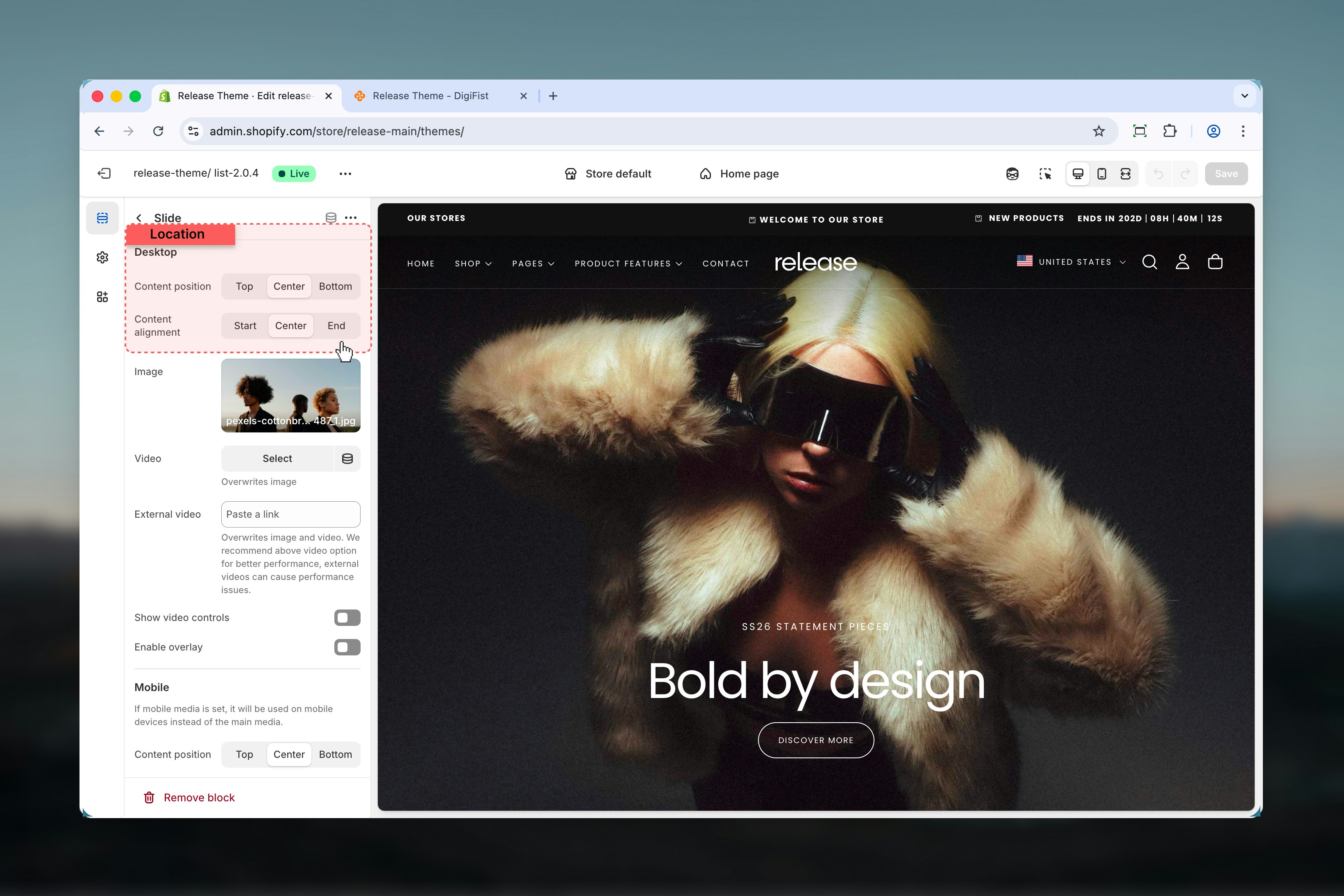 Content position and alignment settings