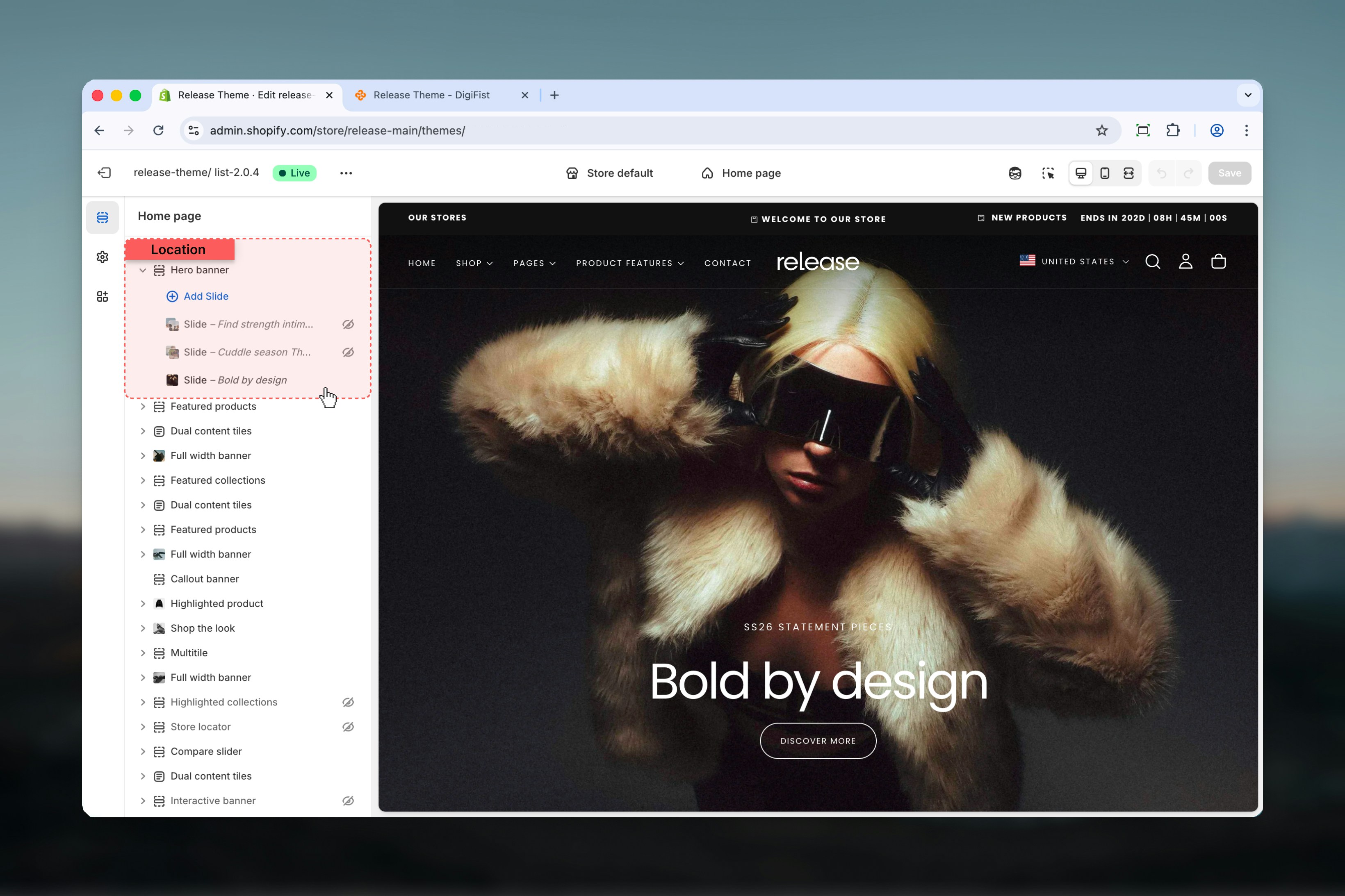 Hero Banner section in Theme Customizer