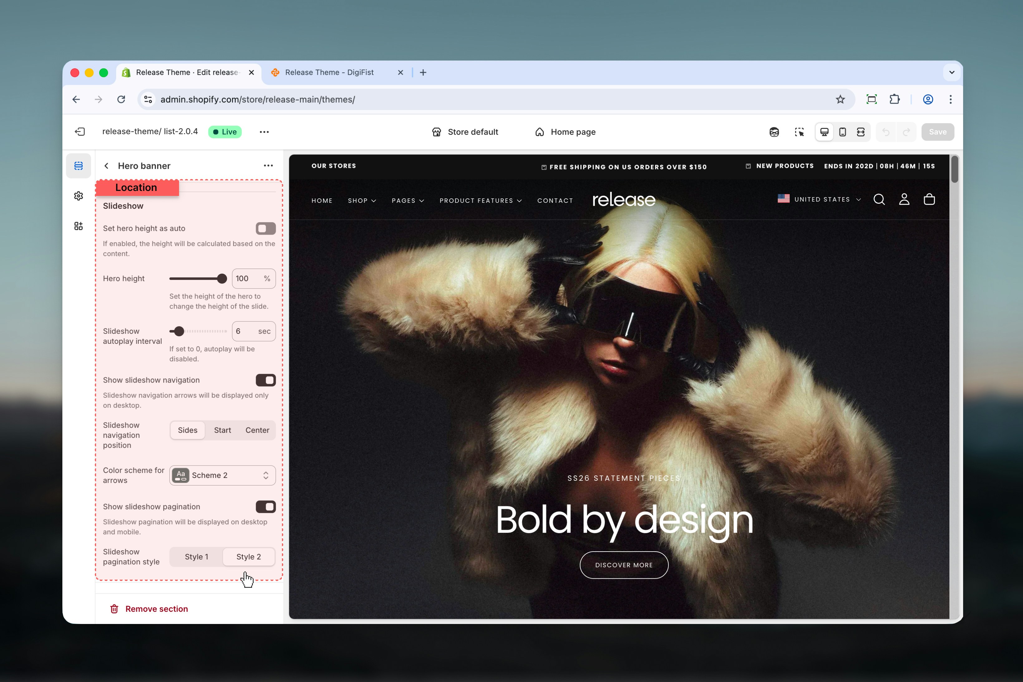 Slideshow navigation and pagination settings