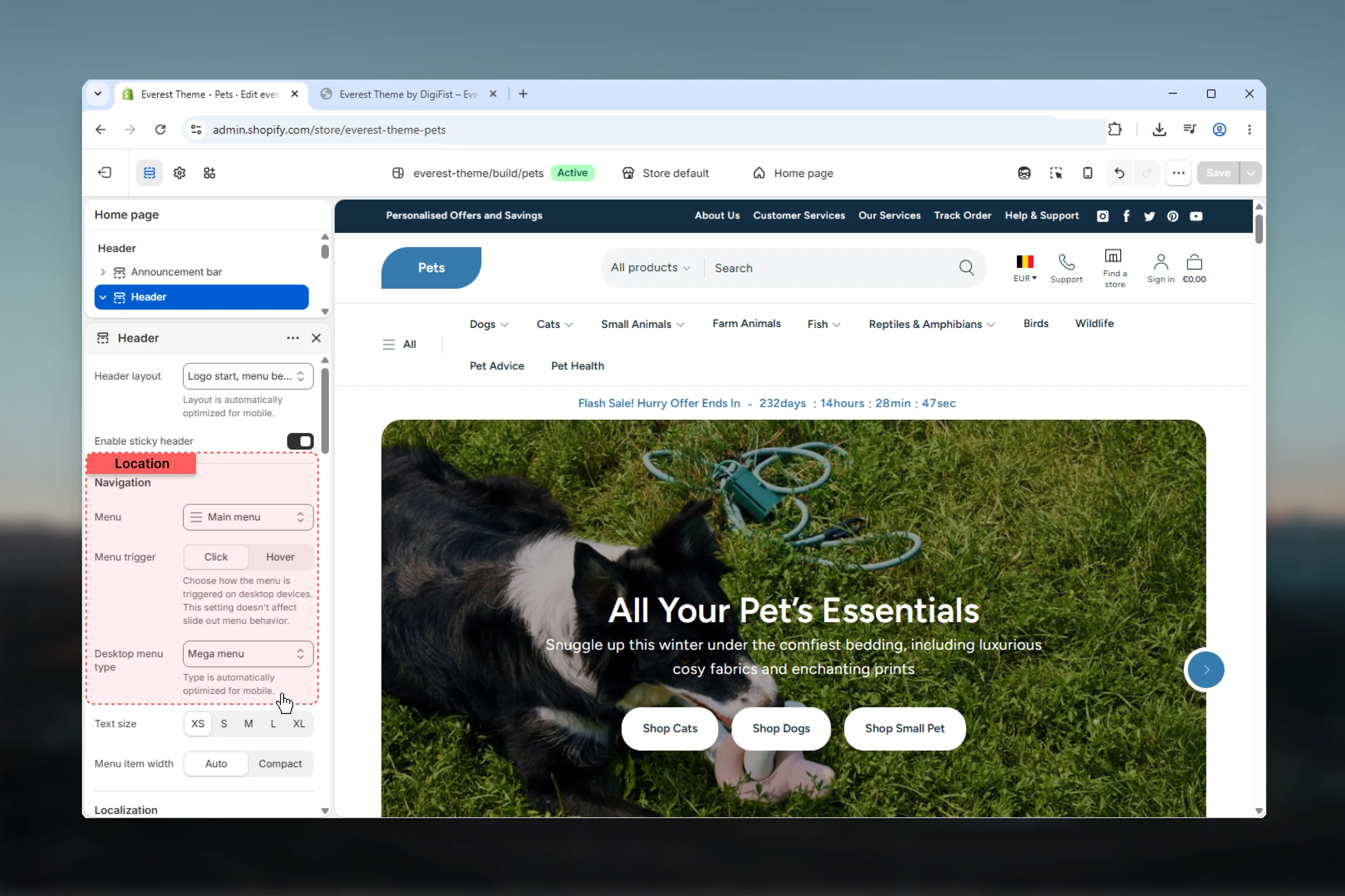 Header navigation structure settings