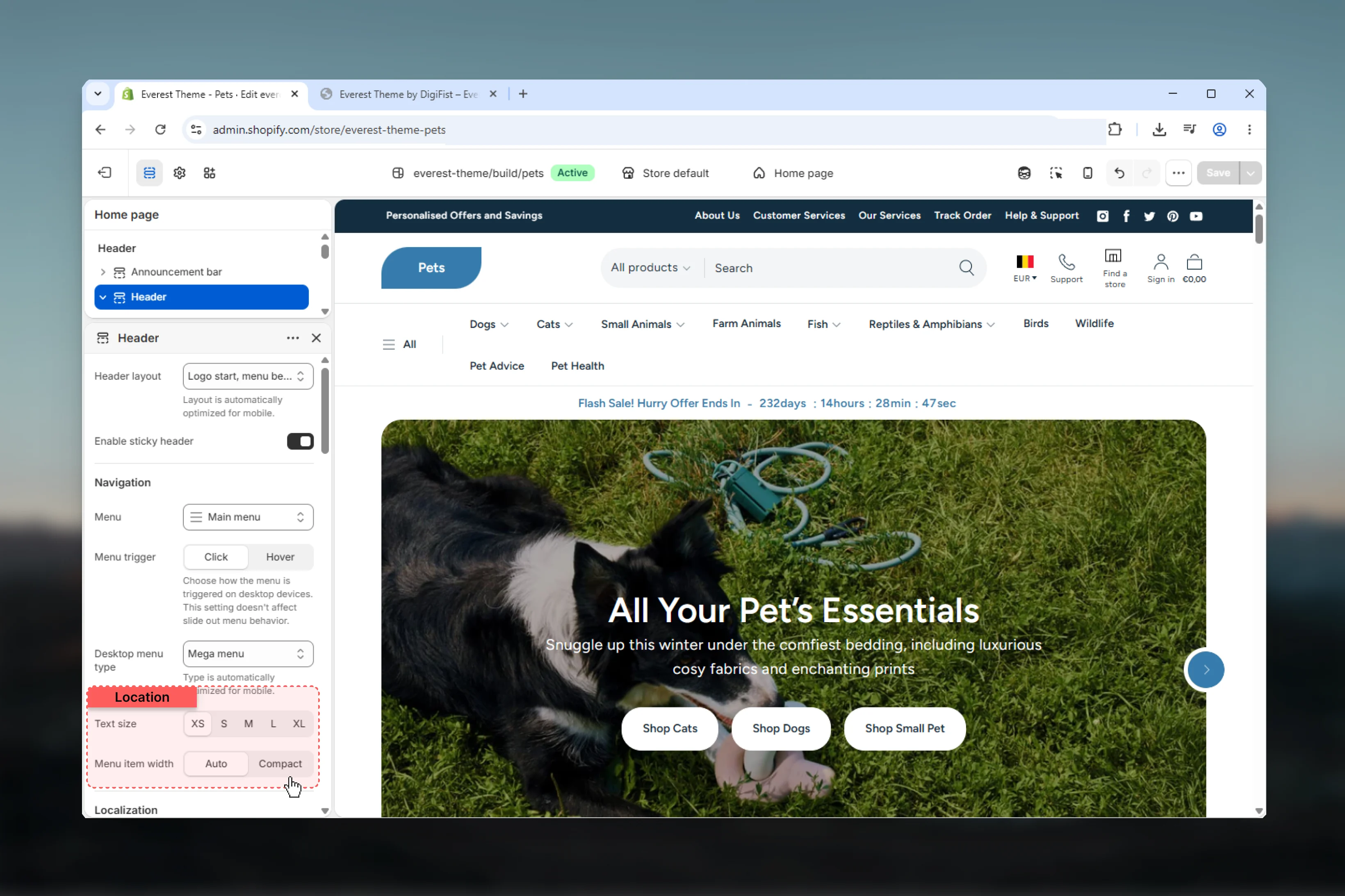 Header navigation typography and width settings