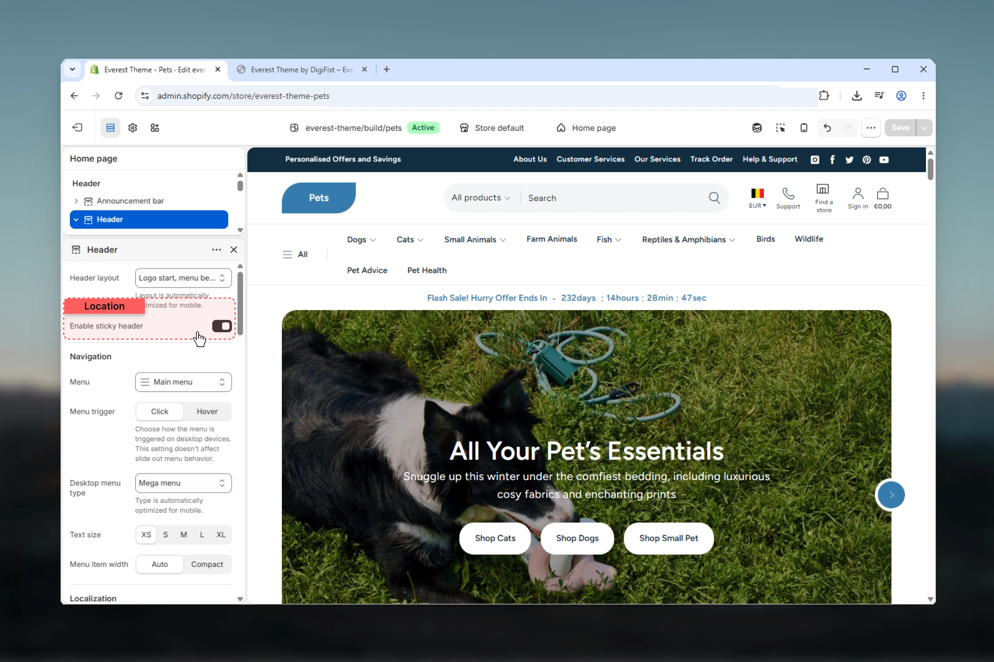 Header sticky header setting