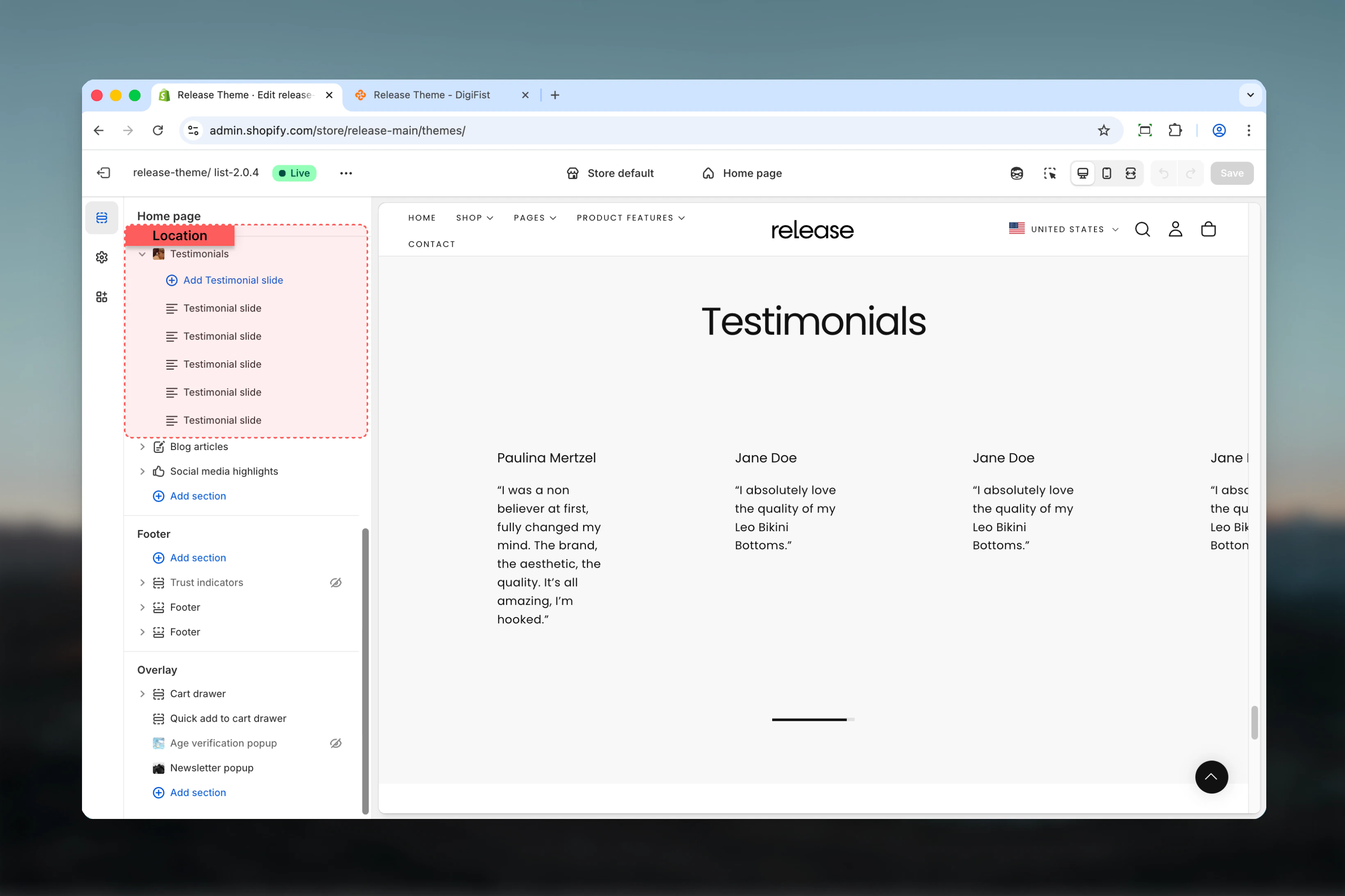 Testimonials section in Theme Customizer
