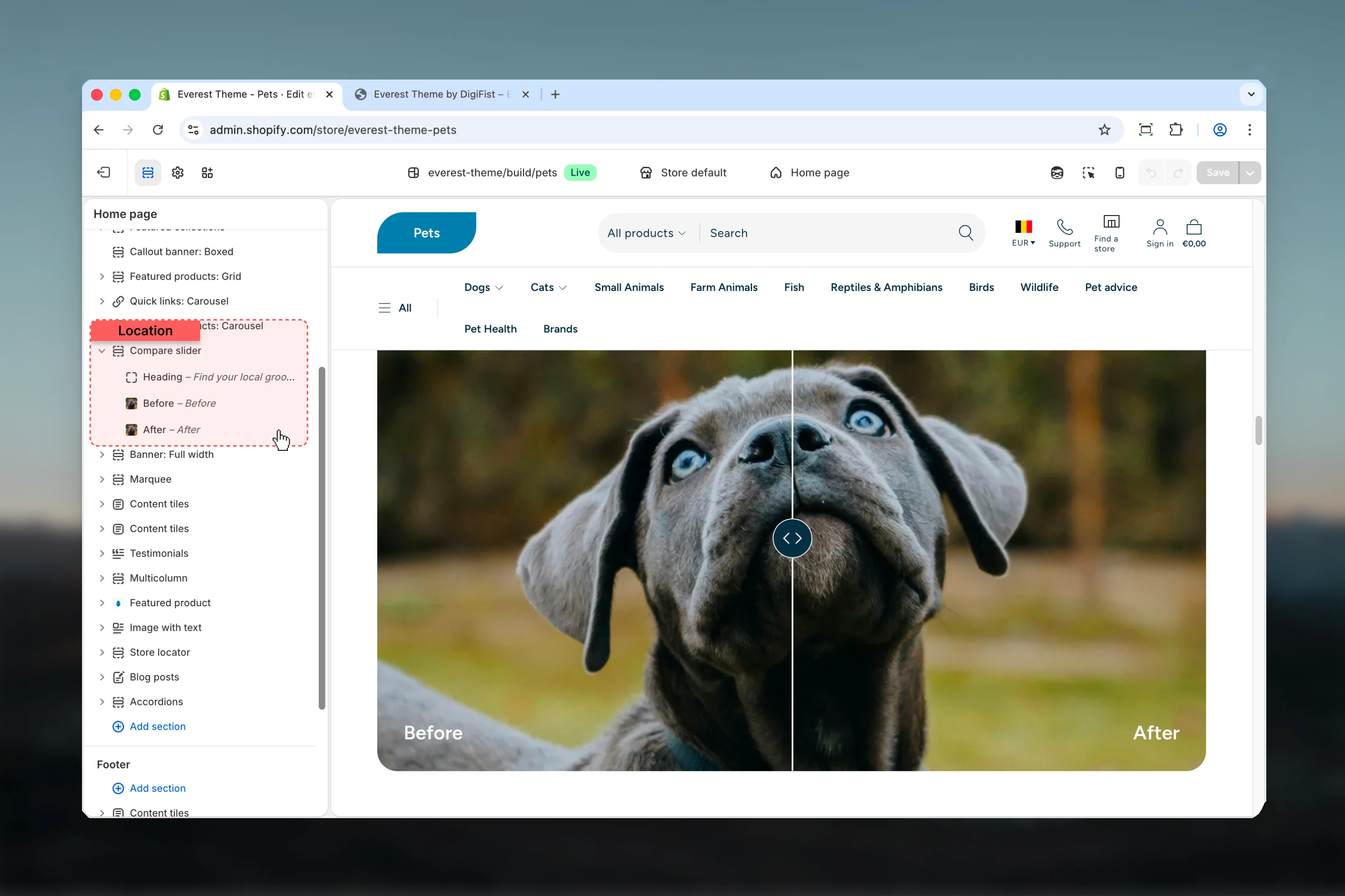 Compare Slider location in Theme Customizer
