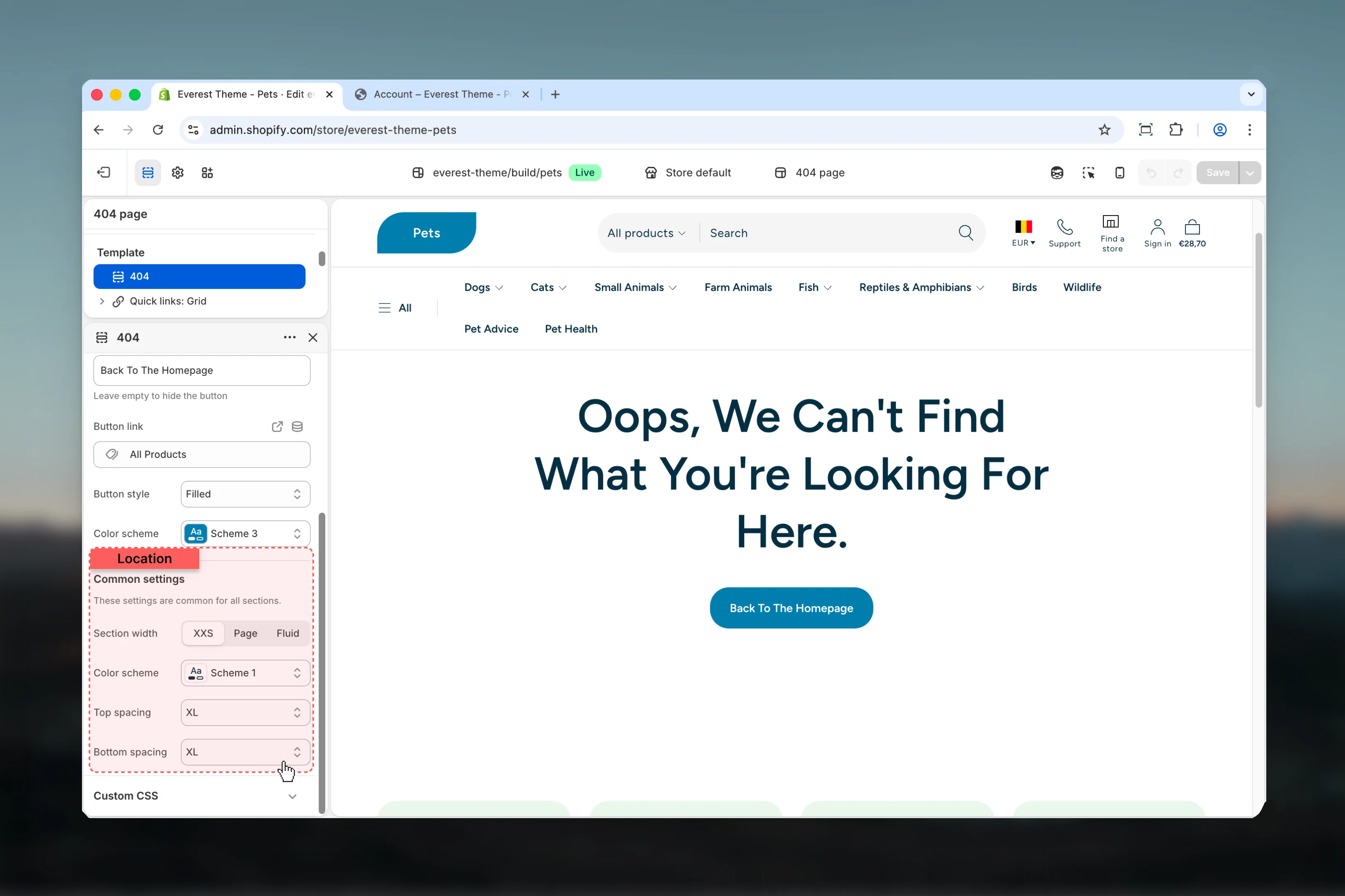 404 Page Common settings