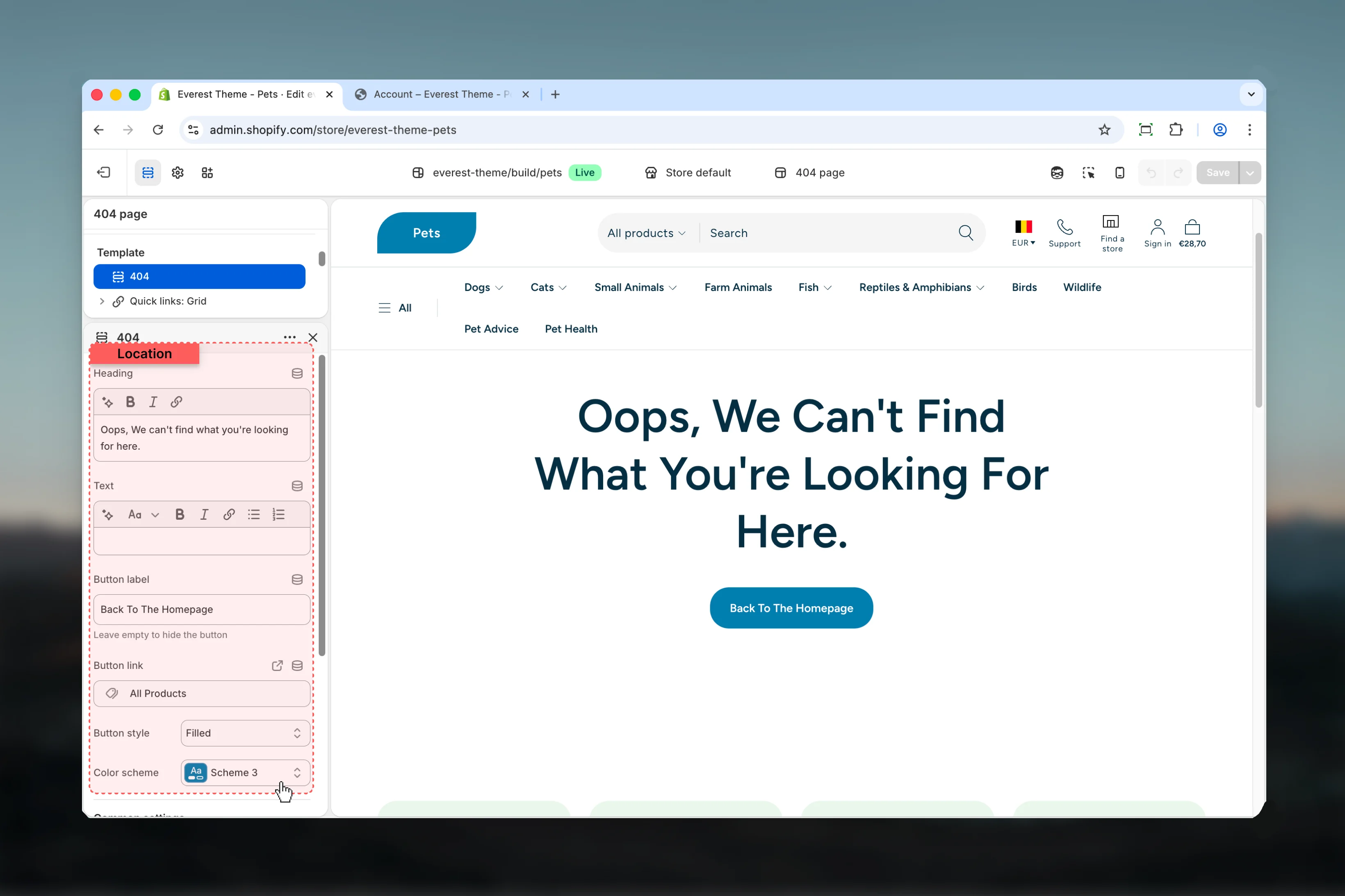 404 Page Settings settings
