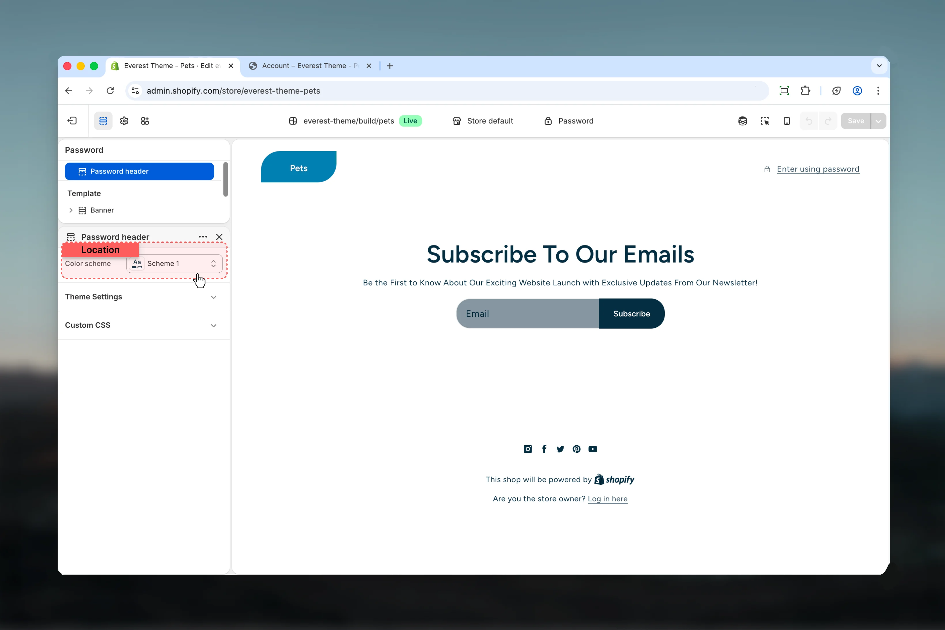 Password Password Header and Password Footer settings