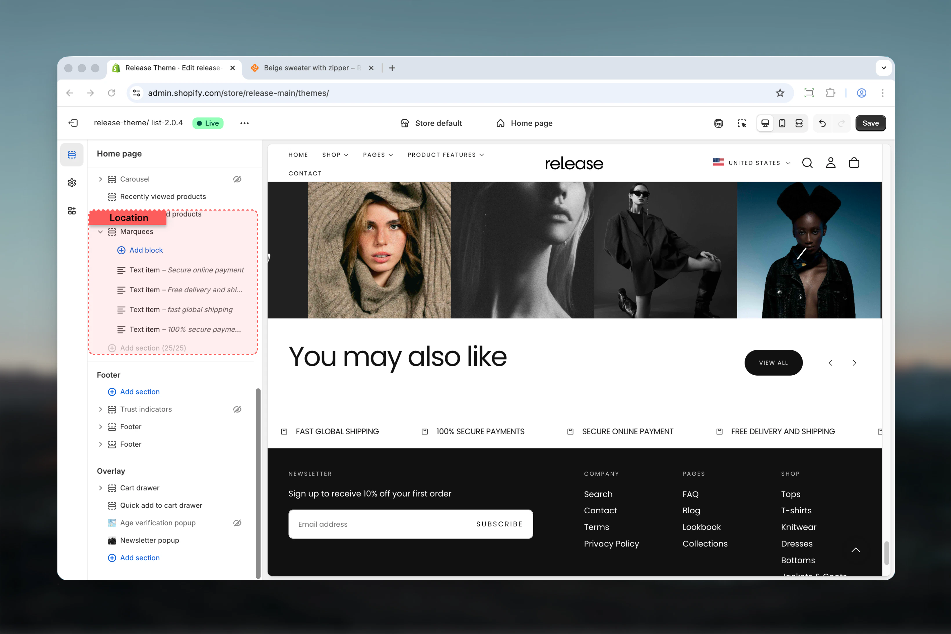 Marquees section in Theme Customizer