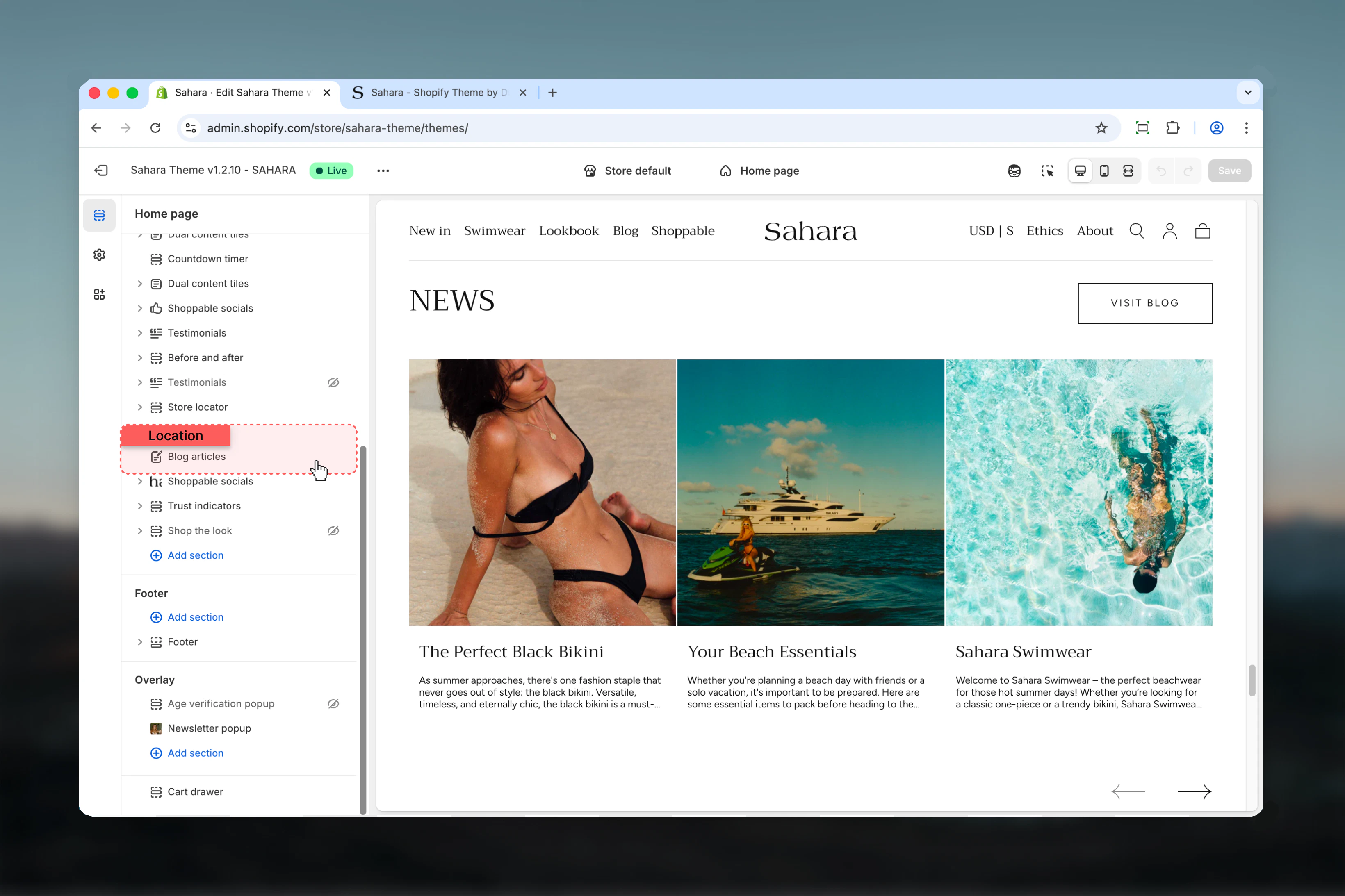 Blog articles section in Theme Customizer