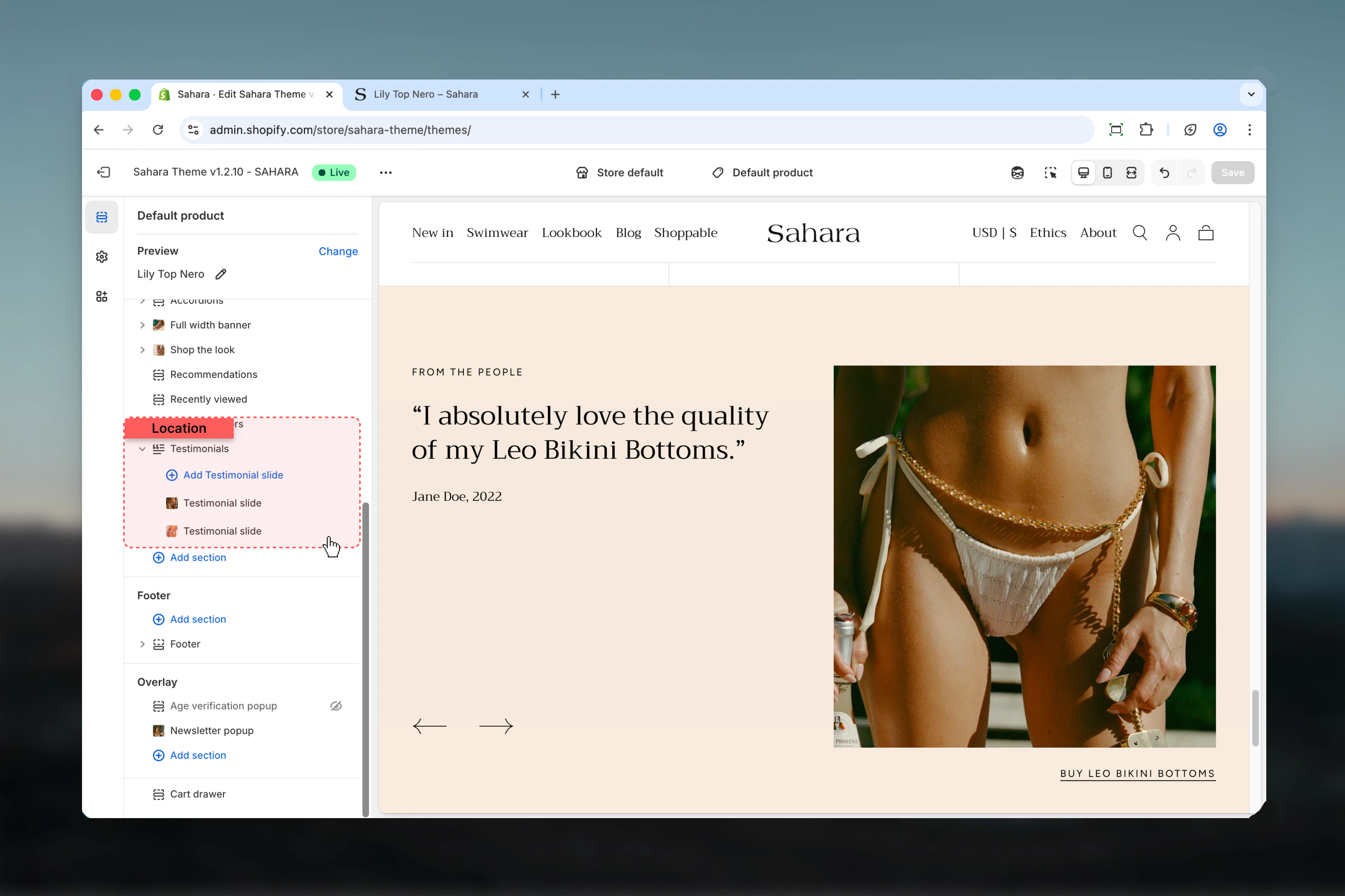 Testimonials section in Theme Customizer