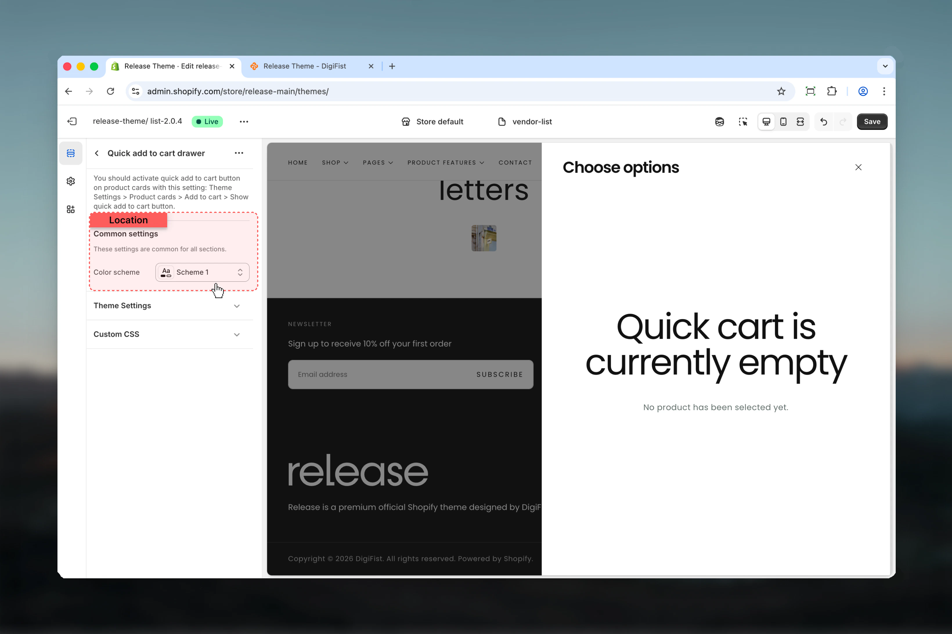 Quick add drawer settings
