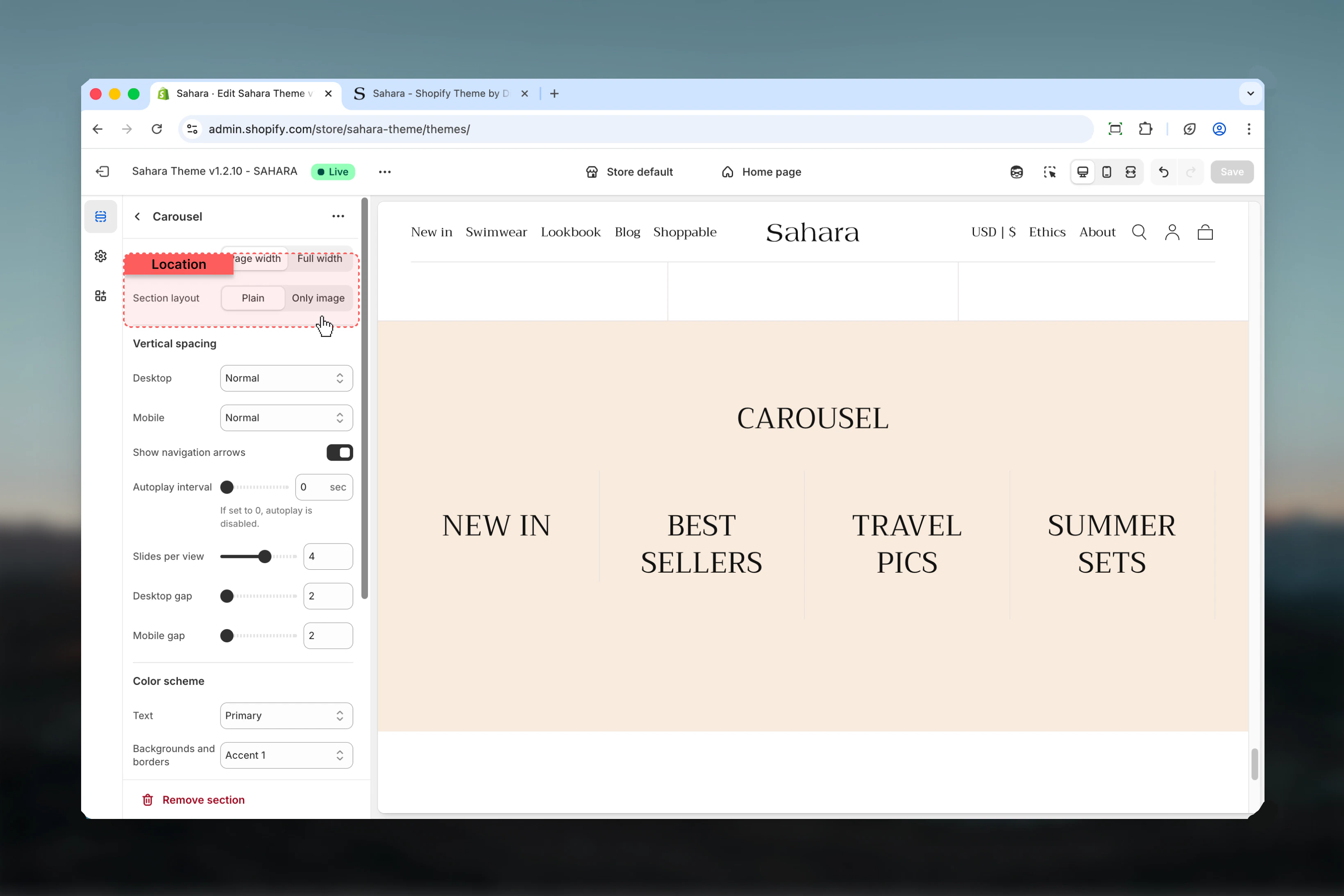 Section layout options