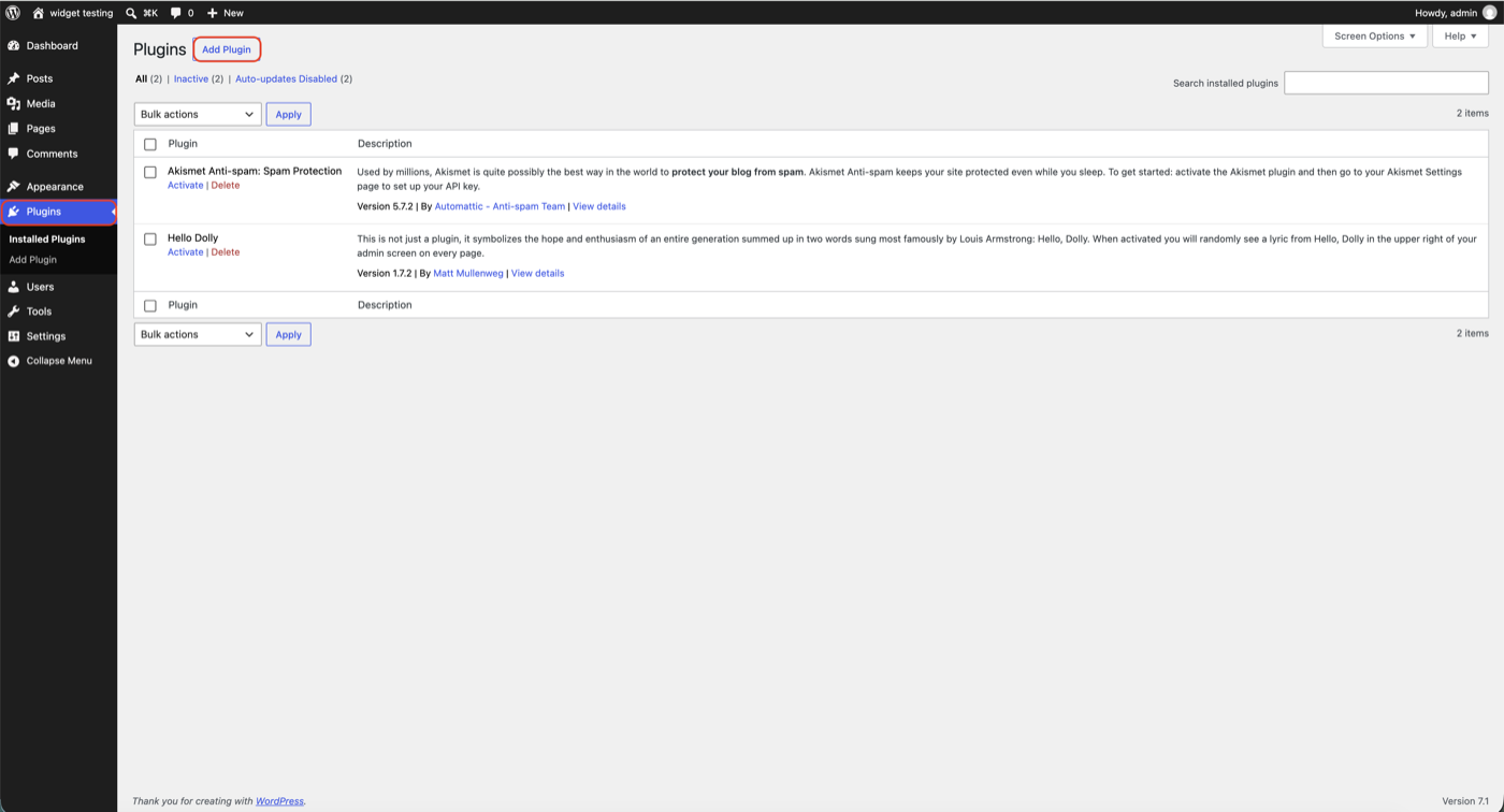 The WordPress admin Plugins page with the Add Plugin button highlighted in the top left