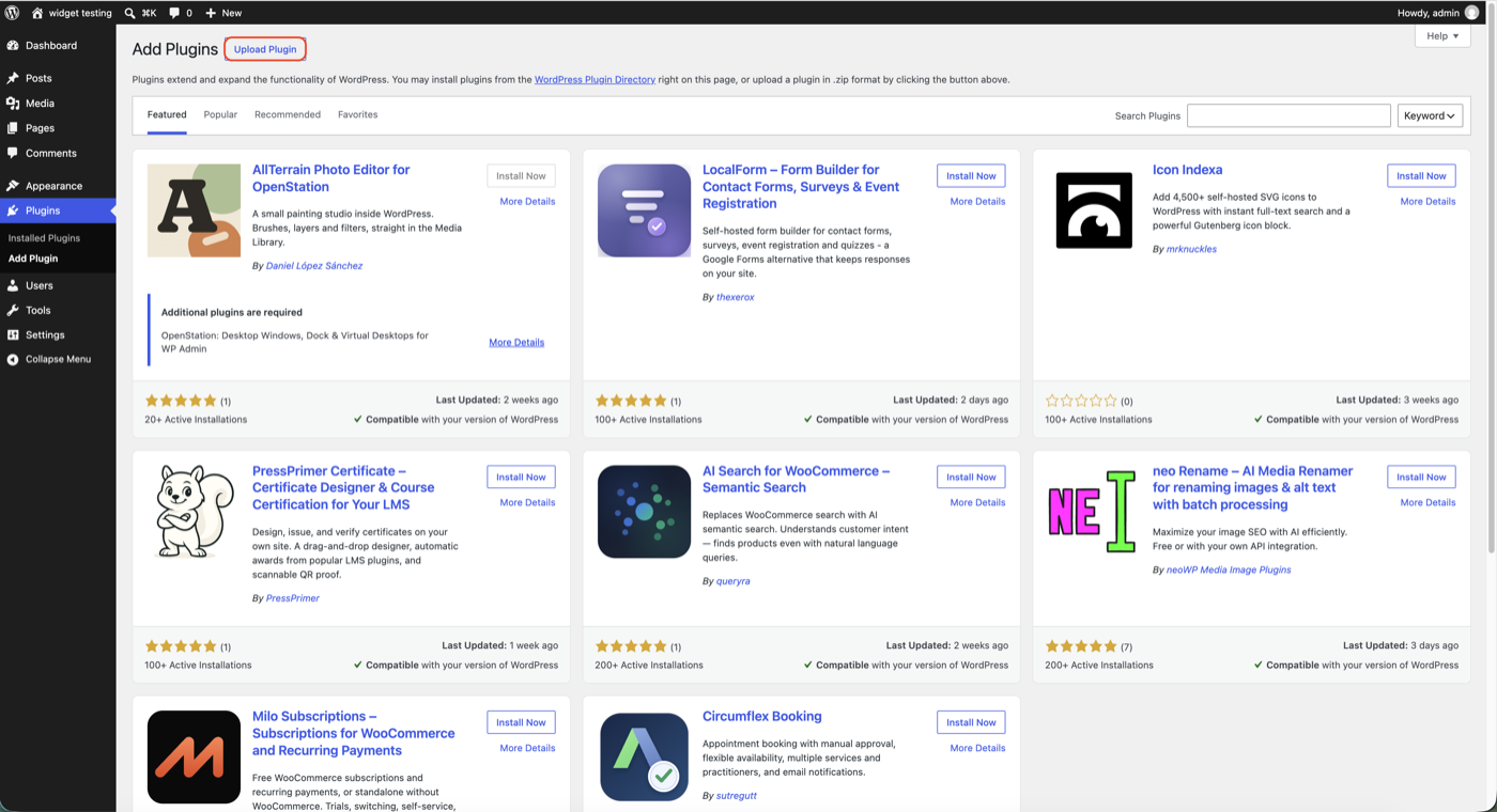 The WordPress Add Plugins page with the Upload Plugin button highlighted, showing a grid of unrelated featured plugins below