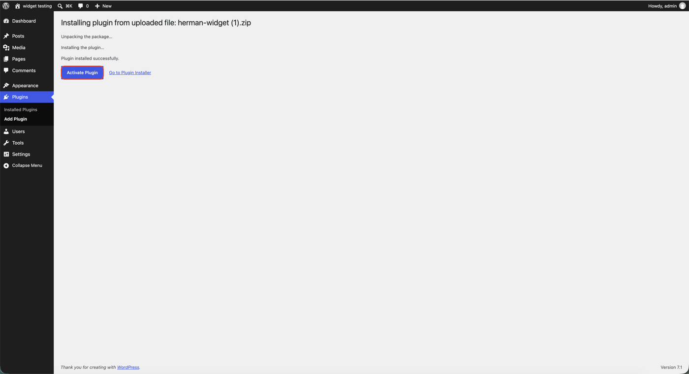 The plugin installed successfully screen with the Activate Plugin button highlighted