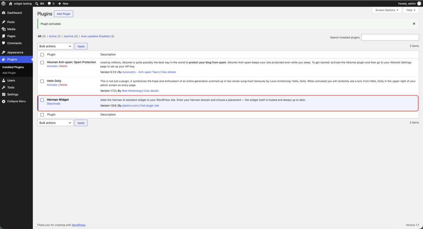 The WordPress Plugins list showing Herman Widget installed and active, alongside Akismet and Hello Dolly