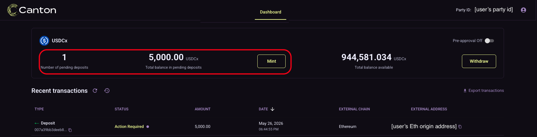 Landing page showing pending deposits ready to mint