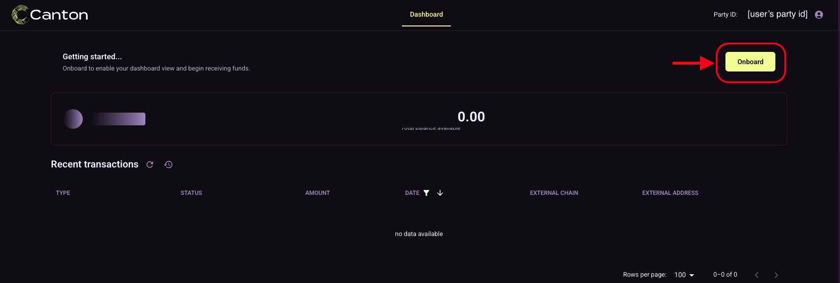 Onboarding landing page with Onboard button