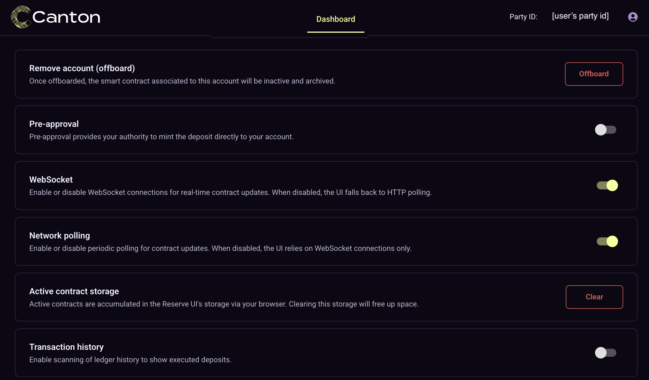 Settings screen overview