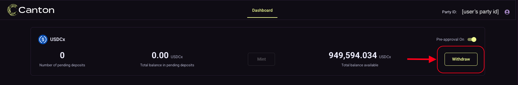 Landing page with withdraw button