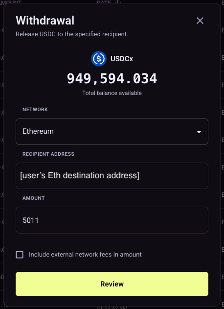 Withdrawal popup with editable fields