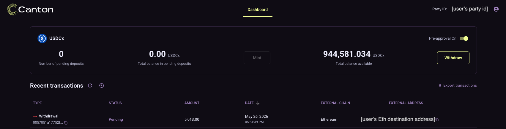 Pending withdrawal in transaction history