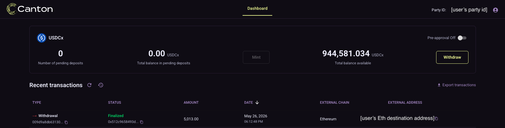 Finalized withdrawal in transaction history