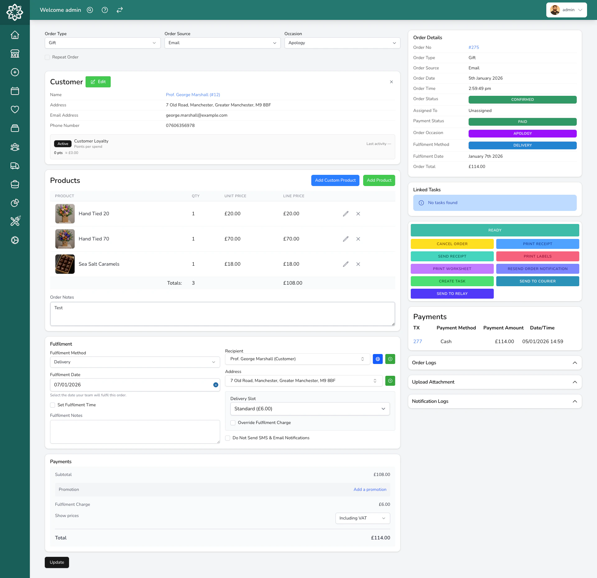 Order details view showing customer, products, and delivery information