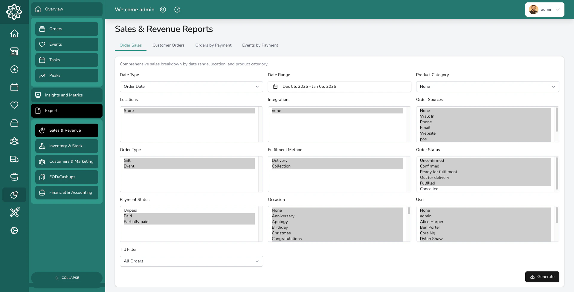 Export screen showing sales data ready to download