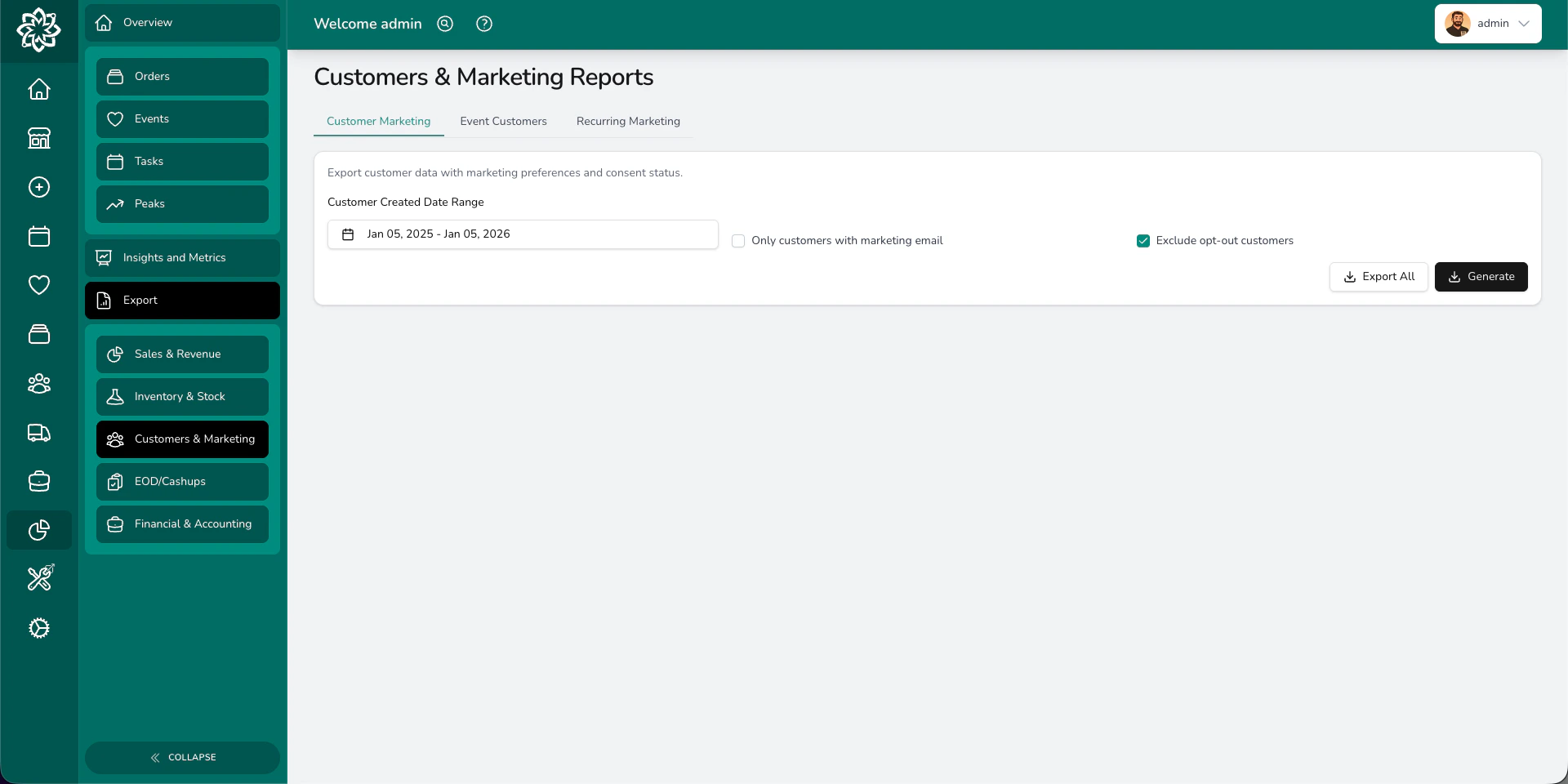 Customer marketing report with export options