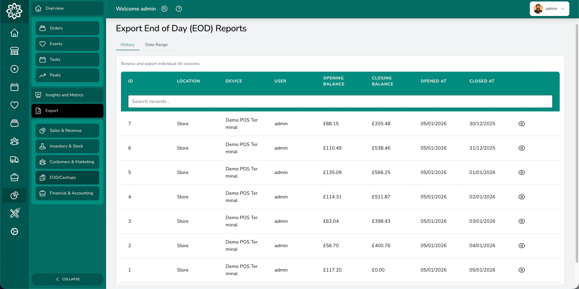 List of till sessions showing dates, devices, and totals