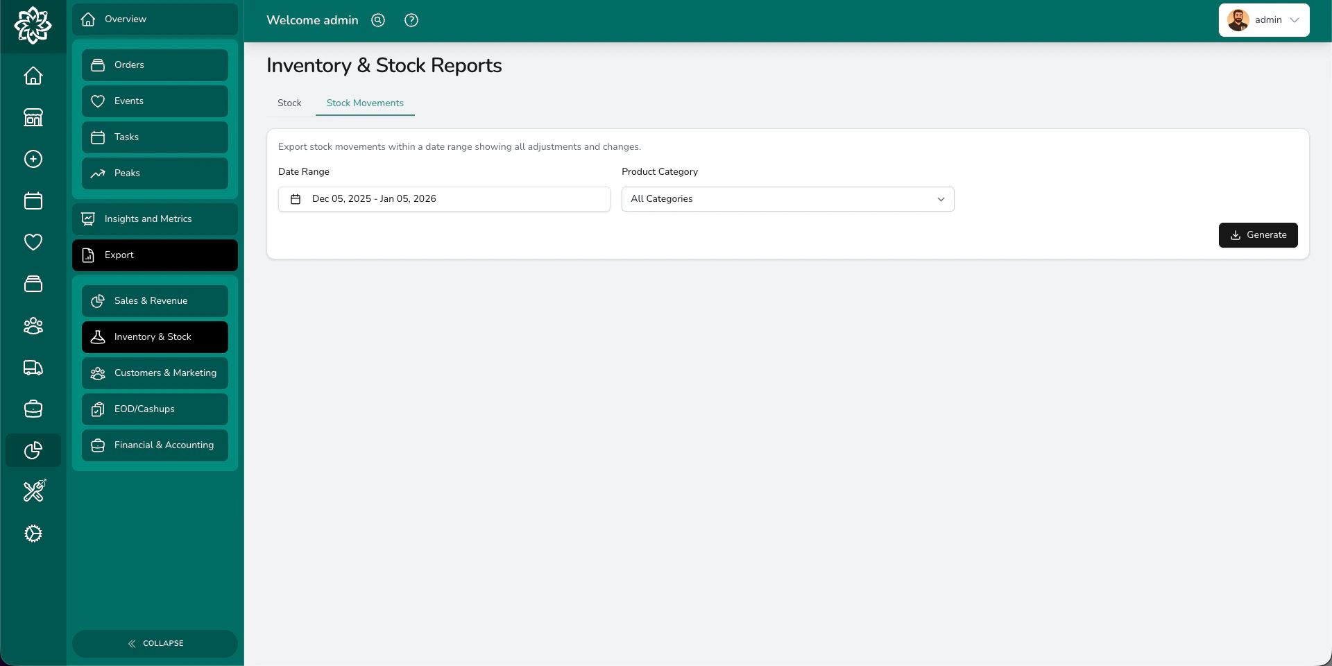 Inventory report showing stock levels and movement options