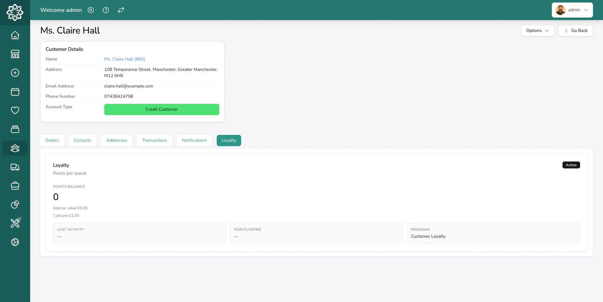 Loyalty tab showing points earned and redeemed
