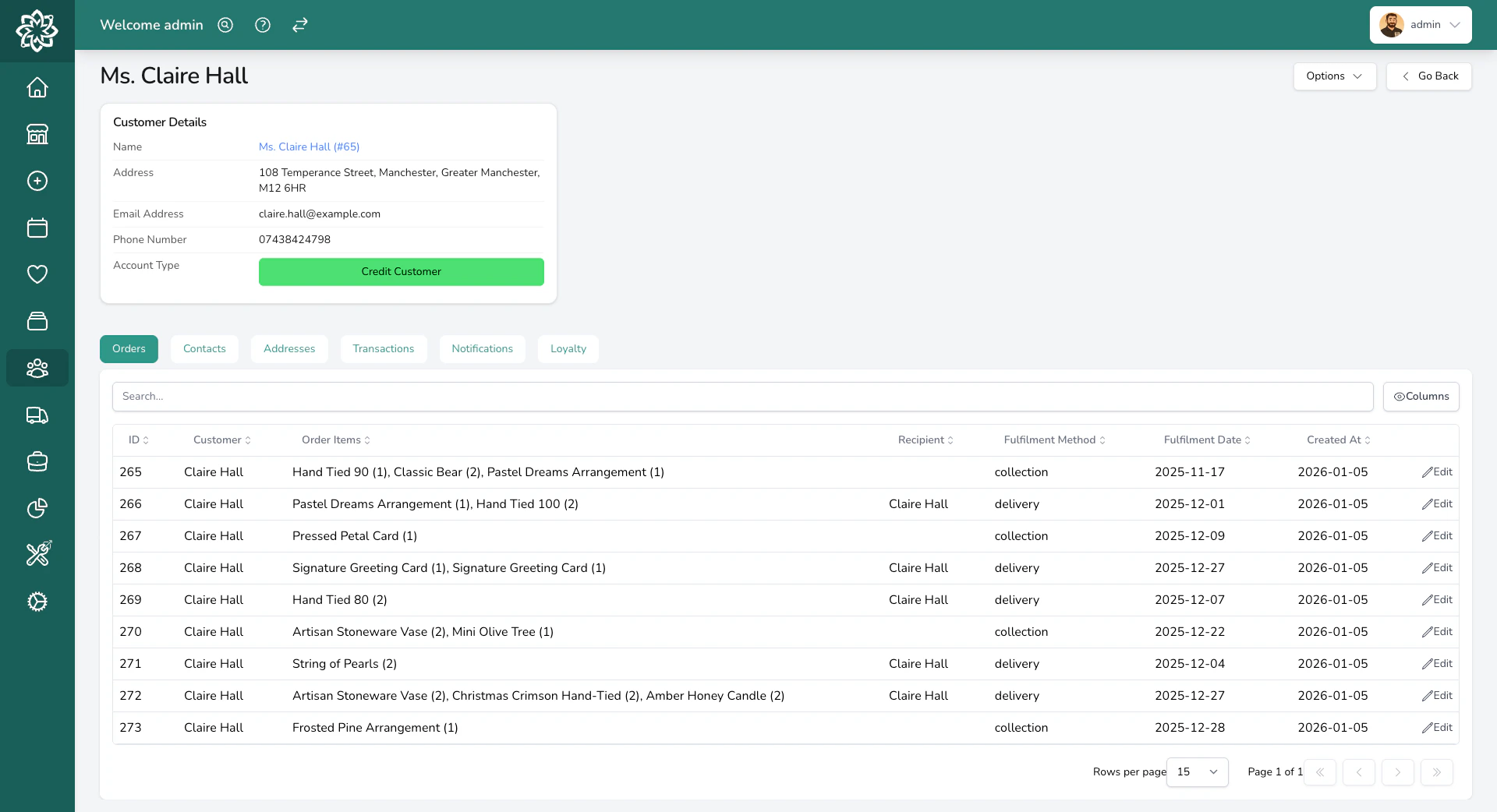 Customer profile with order history tab showing past orders