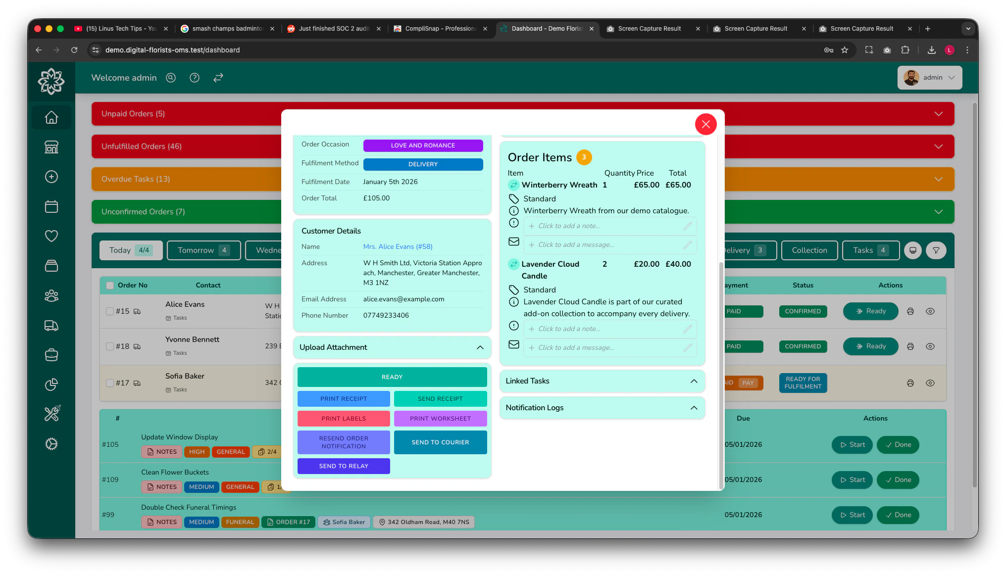 Dashboard showing the orders view