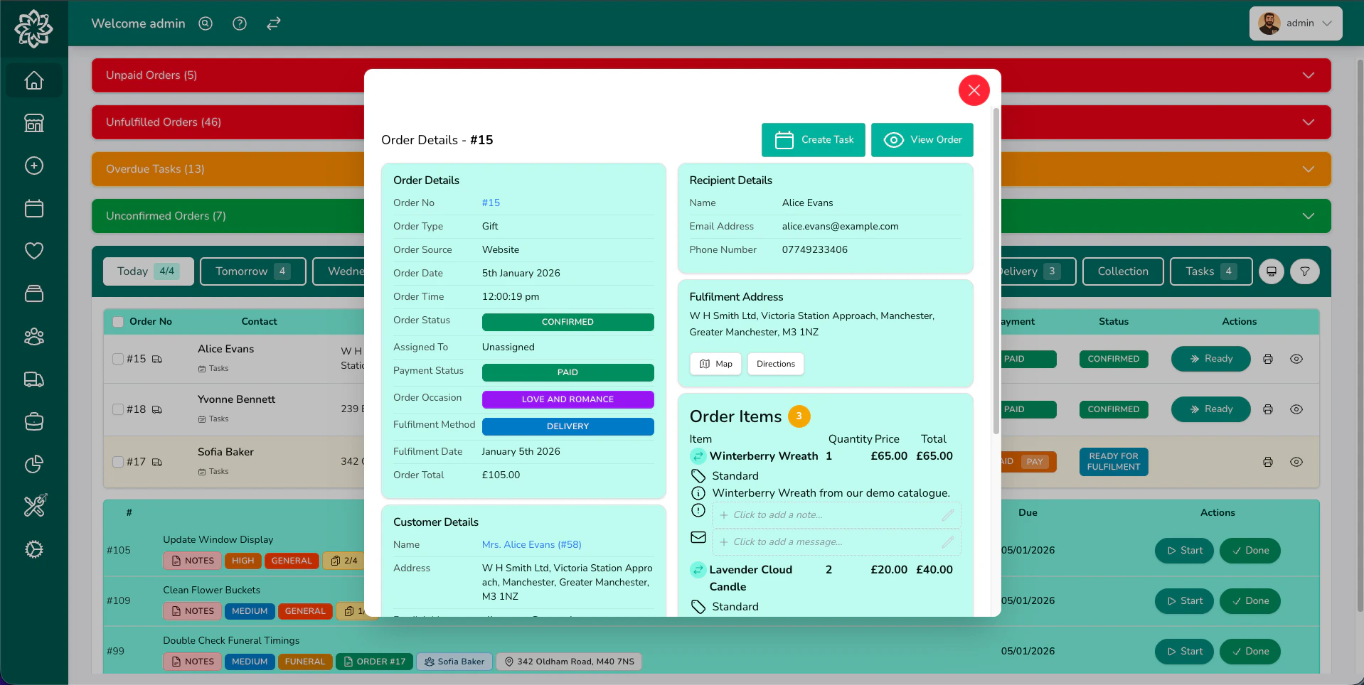 Order details view with customer details, order items, and status actions