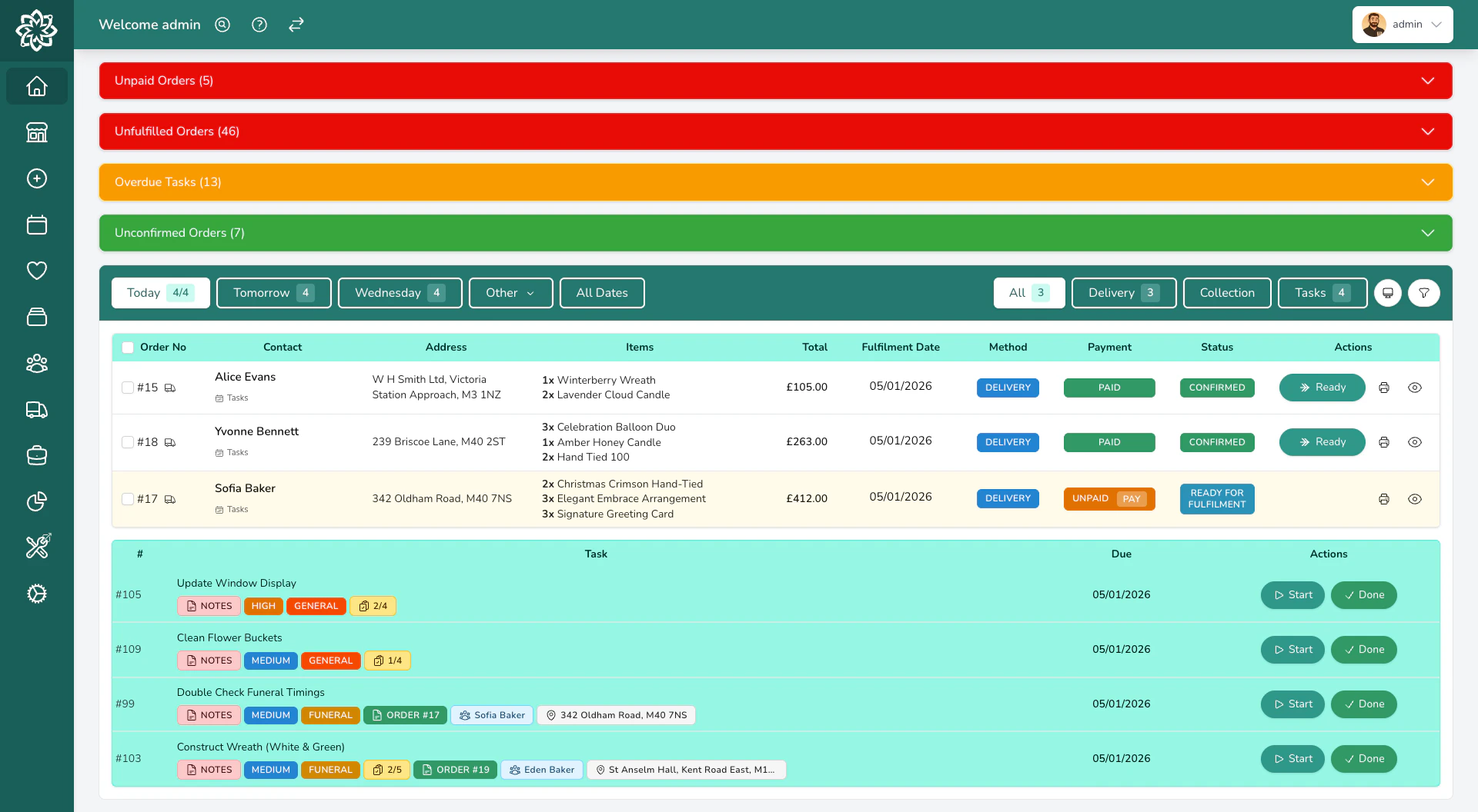 Your Digital Florists dashboard showing today's orders and tasks