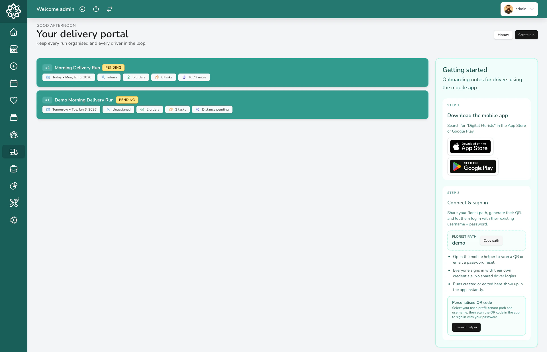 Delivery portal with today's delivery runs listed