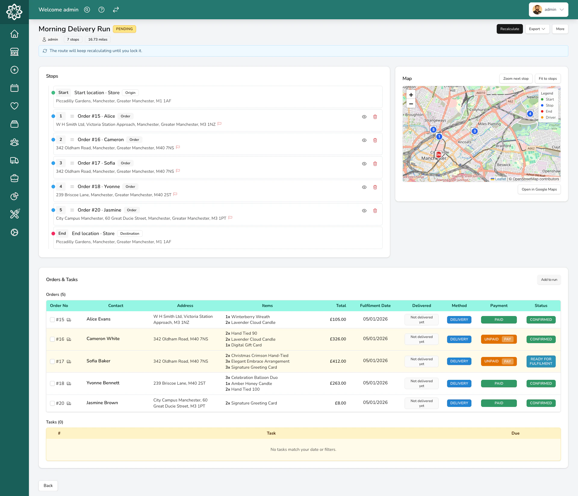 Delivery run detail view showing map, stops, and statuses