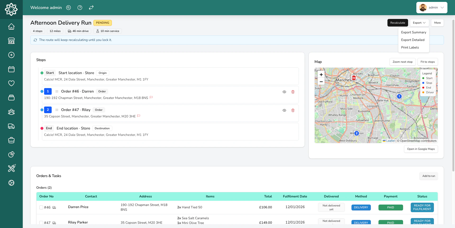 Map showing delivery stops connected by an optimised route