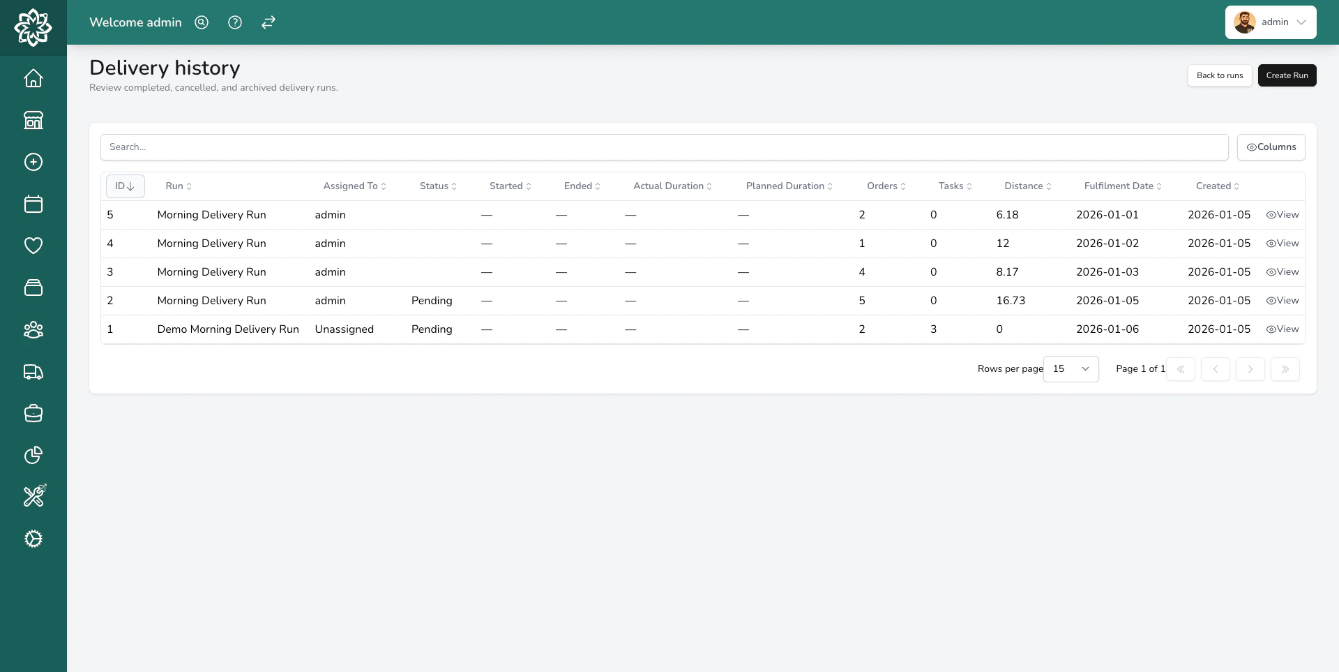 Delivery history showing completed runs with dates and drivers