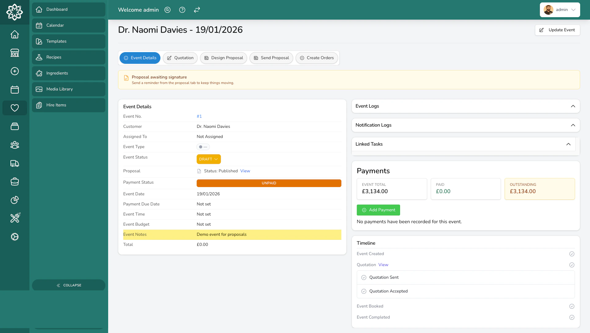 Event details page with venue, dates, and client contact information