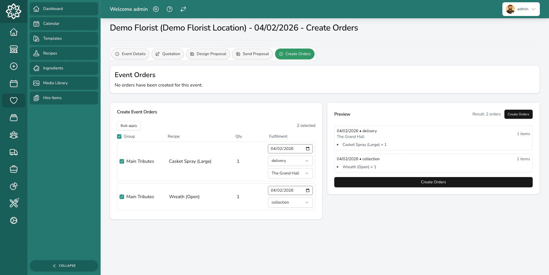 Bulk order creation screen showing quotation items grouped and ready to create