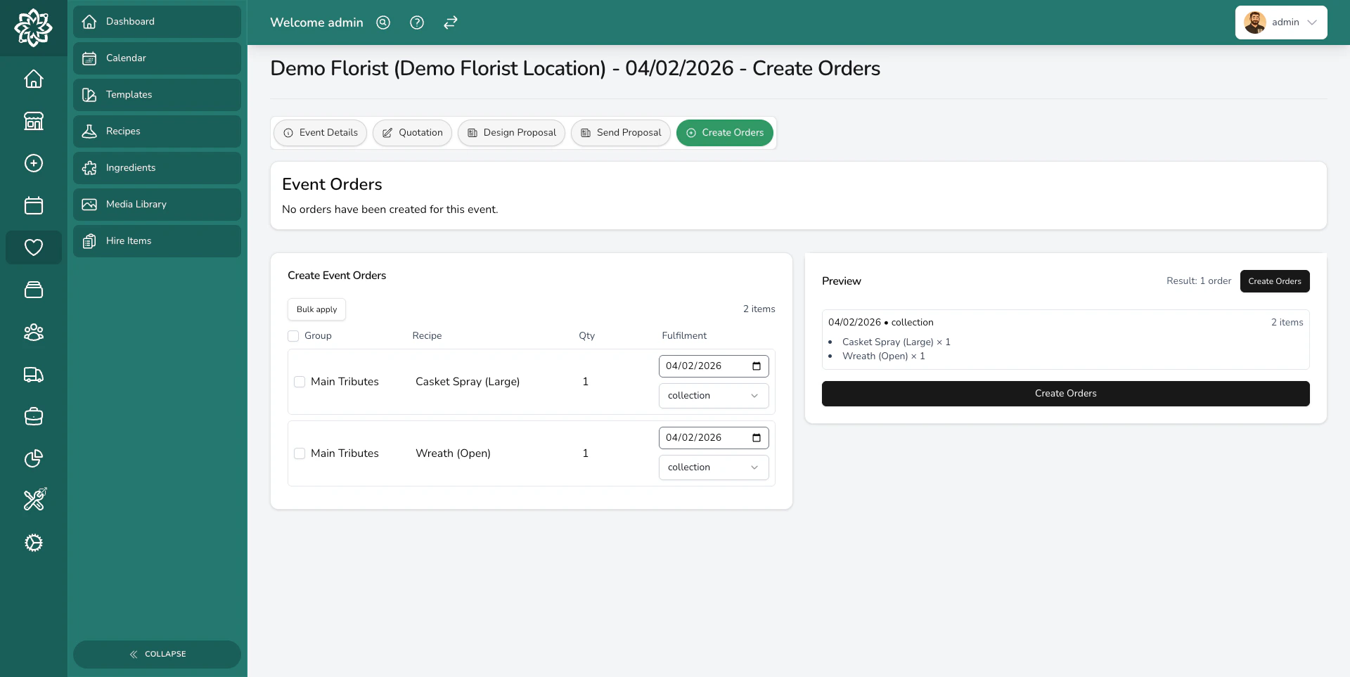 Orders tab showing an empty state with a prompt to create event orders