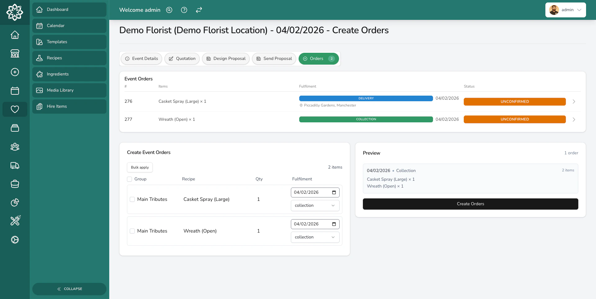 Orders tab showing a list of created event orders with their statuses