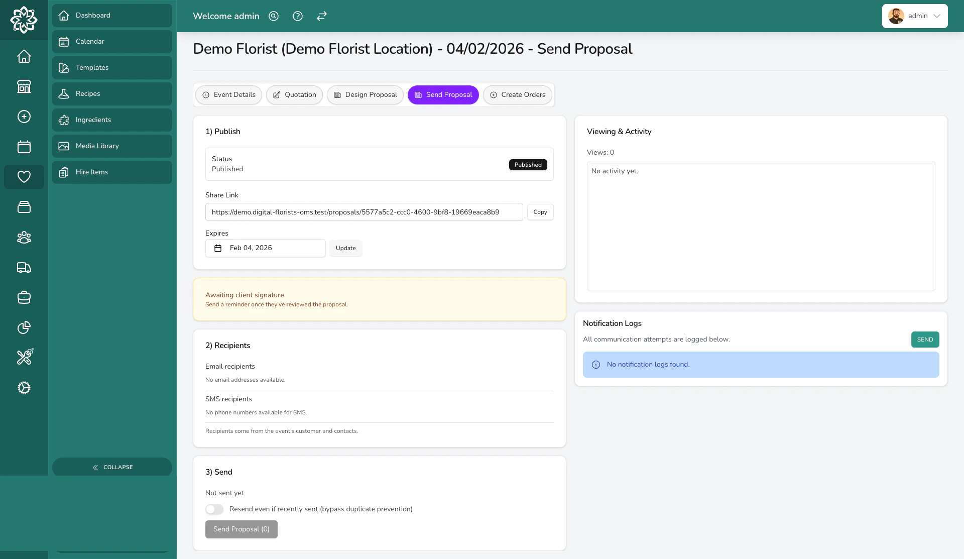 Send proposal screen showing email and SMS options