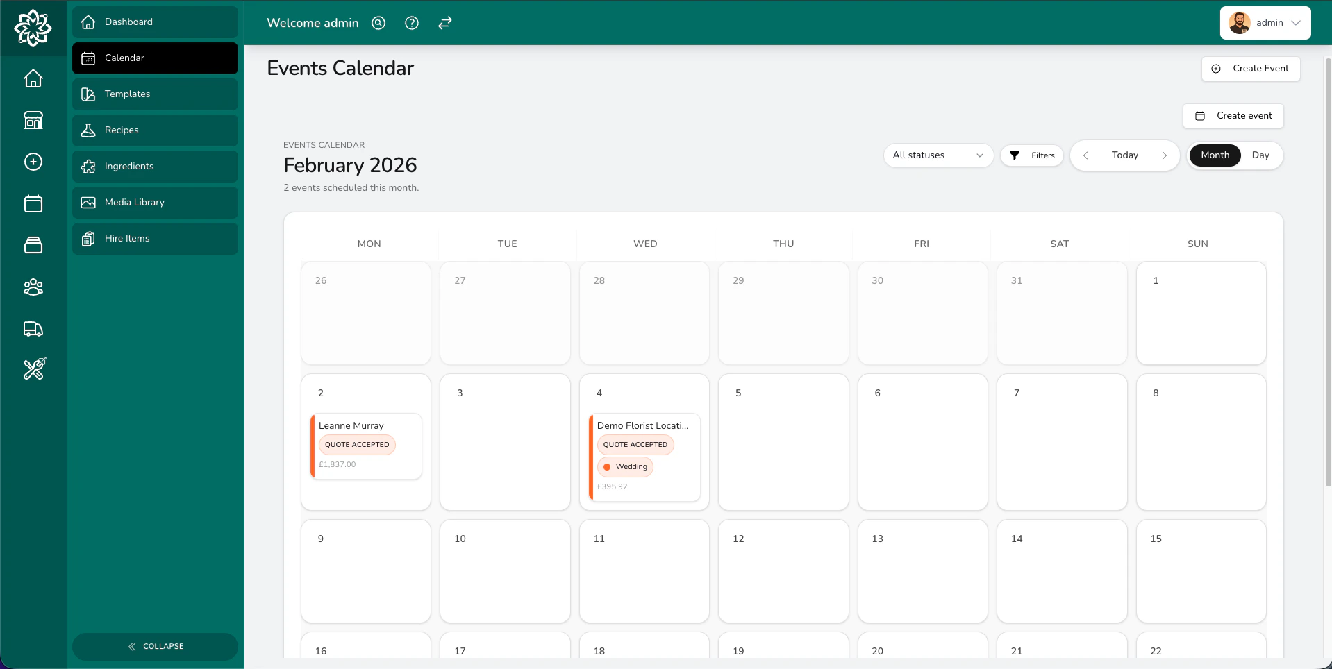 Calendar showing event listings and details