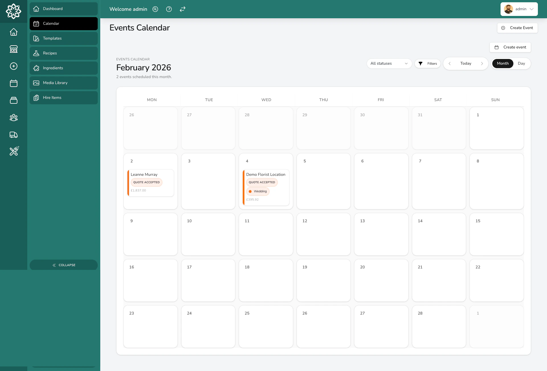 Monthly calendar with events marked on different dates